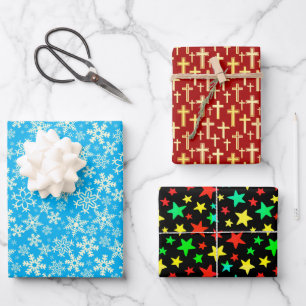 Hoja De Papel De Regalo Copos de nieve, estrellas coloridas, elegante y mo