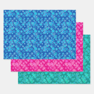 Hoja De Papel De Regalo Copos de nieve geométricos modernos, azules, rosas