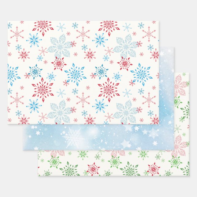Hoja De Papel De Regalo Copos de nieve, nieve, estrellas, cielo azul de in (Set)
