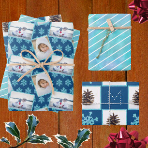 Hoja De Papel De Regalo Copos de nieve Opal Azul Pinstripes 3 Navidades fo
