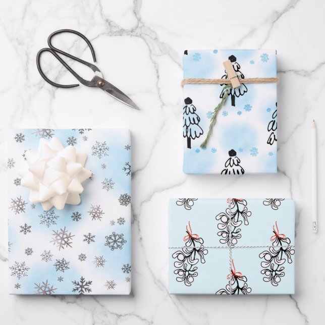 Hoja De Papel De Regalo Copos de nieve y mistletocon azul (Anverso)