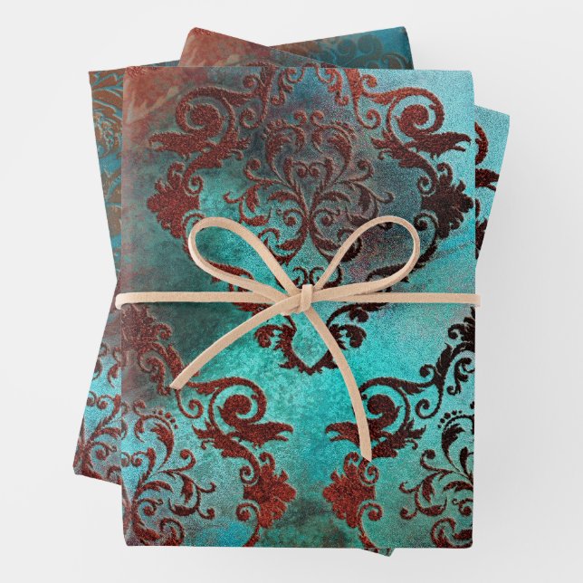 Hoja De Papel De Regalo Copper Patina Rustask Damask (In situ)