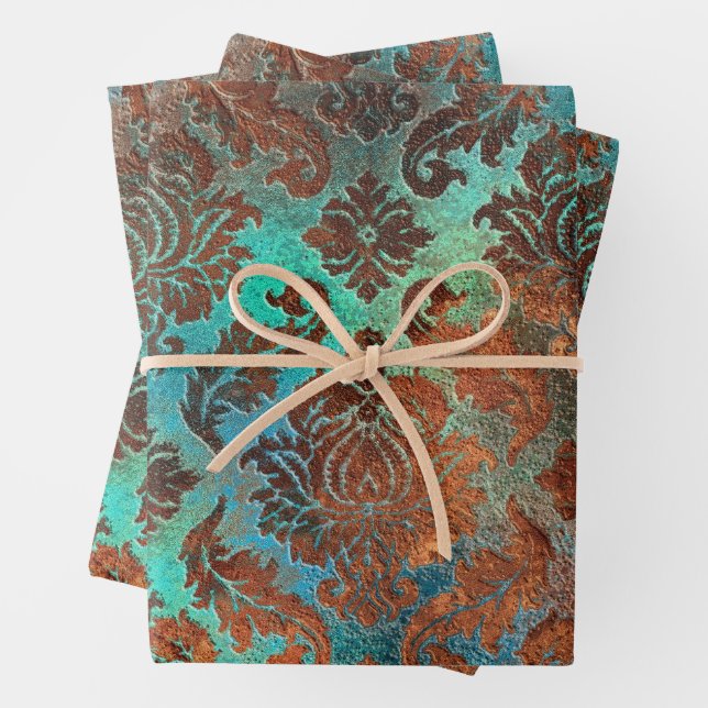 Hoja De Papel De Regalo Copper Patina Rustask Damask (In situ)