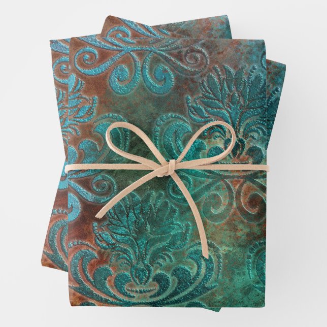 Hoja De Papel De Regalo Copper Patina Rustask Damask (In situ)