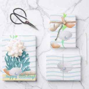 Hoja De Papel De Regalo Coral azul, conchas marinas y Cojín decorativo per