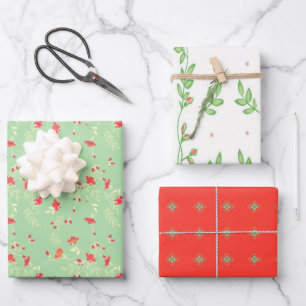 Hoja De Papel De Regalo Coral, floral verde y blanca