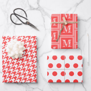 Hoja De Papel De Regalo Coral Red Houndstoth Monograma Polka Dot