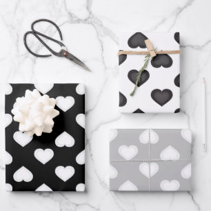 Hoja De Papel De Regalo Corazón blanco y gris negro