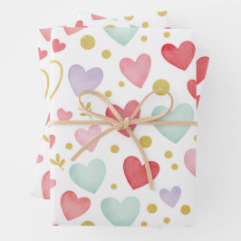 Hoja De Papel De Regalo Corazón de Acuarela Pastel Caprichoso y Hoja de Or