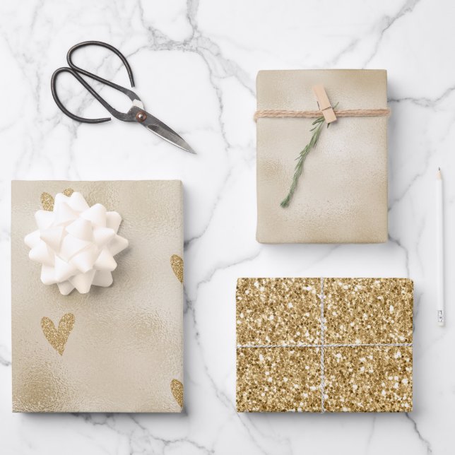 Hoja De Papel De Regalo Corazón Purpurina dorado (Anverso)