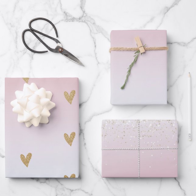 Hoja De Papel De Regalo Corazón Purpurina Ombre Blanco Rosa (Anverso)