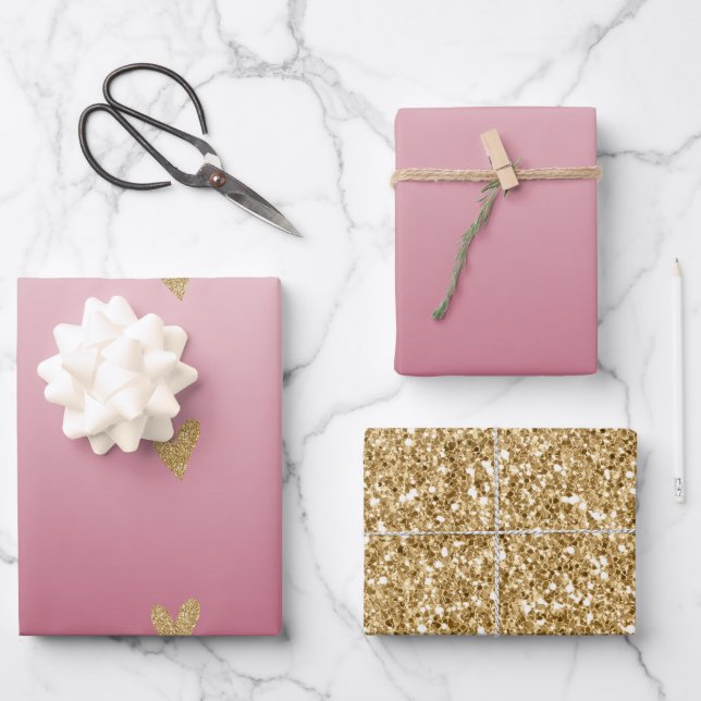 Hoja De Papel De Regalo Corazón Purpurina Ombre Rosa (Anverso)