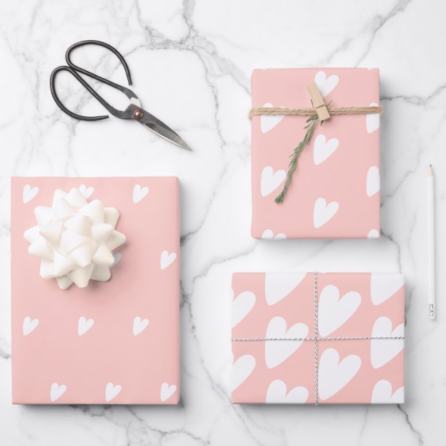Hoja De Papel De Regalo Corazón rosa y blanco romántico (Anverso)