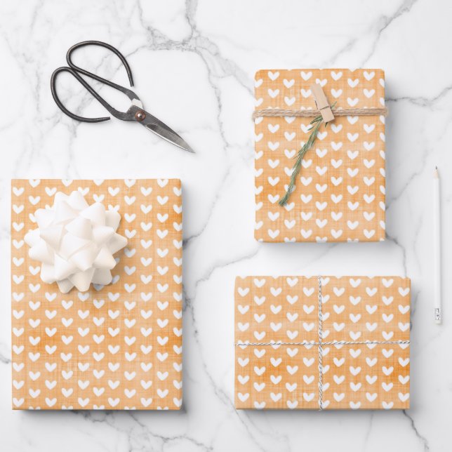 Hoja De Papel De Regalo Corazones Blancos sobre Lino Naranja Claro (Anverso)