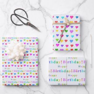 Hoja De Papel De Regalo Corazones Coquetos Coloridos y Feliz Cumpleaños