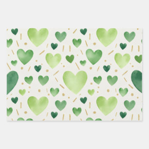 Hoja De Papel De Regalo Corazones de acuarela en tonos verdes y brillo dor