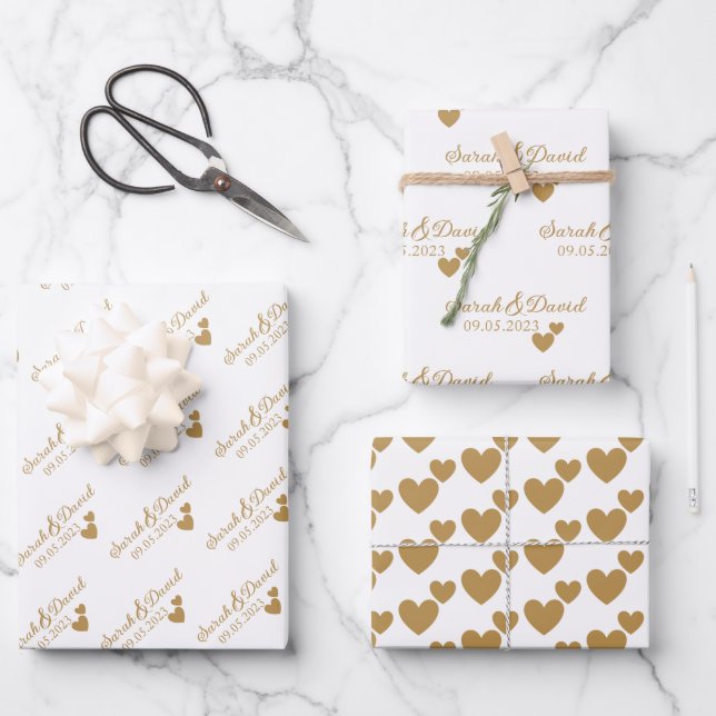 Hoja De Papel De Regalo Corazones de oro Boda personalizados (Anverso)