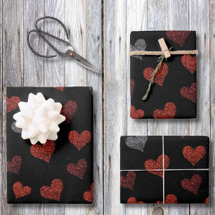 Hoja De Papel De Regalo Corazones de Purpurina Plateada y Burgundy Rojo so
