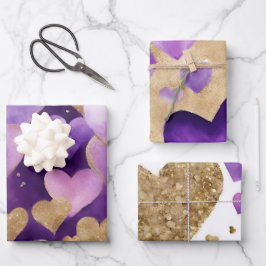 Hoja De Papel De Regalo Corazones de San Valentín con tinta púrpura y dora