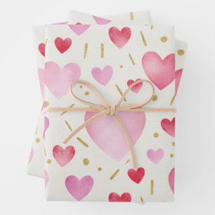 Hoja De Papel De Regalo Corazones de tonos de rosa con acuarela y brillo d