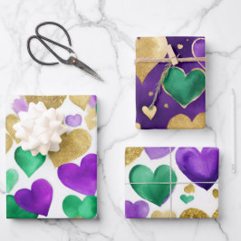 Hoja De Papel De Regalo Corazones Elegantes de Purpura, Verde y Dorado Mar