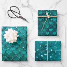 Hoja De Papel De Regalo Corazones Glam de Ombre Teal, Escamas de Sirena y 