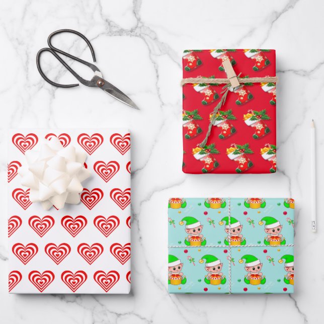 Hoja De Papel De Regalo Corazones, medias y elfo Navidades (Anverso)