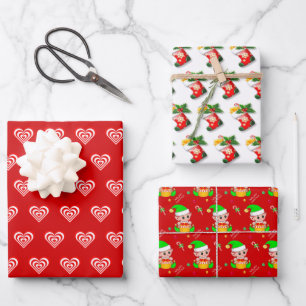 Hoja De Papel De Regalo Corazones, medias y Navidades elf sobre rojo