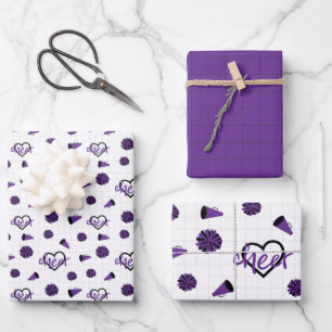 Hoja De Papel De Regalo Corazones morados, Pom Poms, Patrón Megáfono