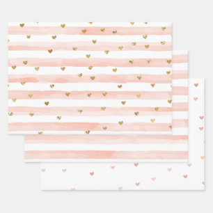 Hoja De Papel De Regalo Corazones Purpurinas de color de agua Rubor Stripe
