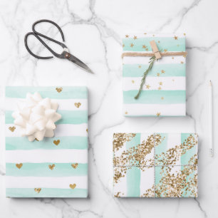 Hoja De Papel De Regalo Corazones Purpurinas de oro de tiras acuáticas de 