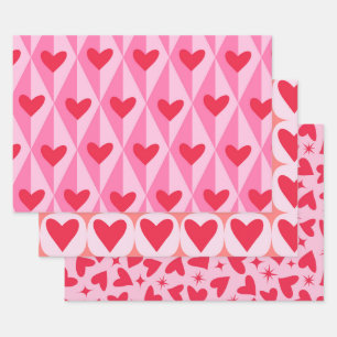 Hoja De Papel De Regalo Corazones rojos con diamantes y estrellas atómicas