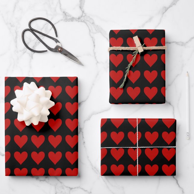 Hoja De Papel De Regalo Corazones rojos en negro (Anverso)