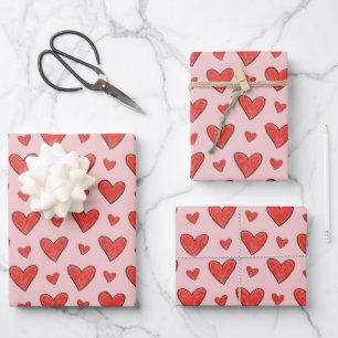 Hoja De Papel De Regalo Corazones rojos sobre patrón de colorear infantil 