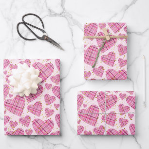 Hoja De Papel De Regalo Corazones rosados dorados Purpurinas de Polka punt
