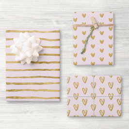 Hoja De Papel De Regalo Corazones rosados y dorados