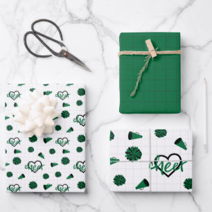 Hoja De Papel De Regalo Corazones verdes para la oveja, Pom Poms, Patrón M