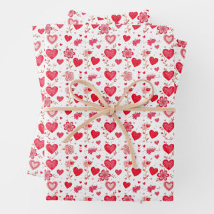 Hoja De Papel De Regalo Corazones y flores de San Valentín rojas y rosas