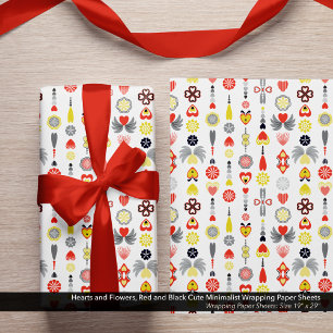Hoja De Papel De Regalo Corazones y flores Red y Black Cute Minimalista