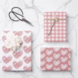 Hoja De Papel De Regalo Corazones y rayas minimalistas de color rosa y bla