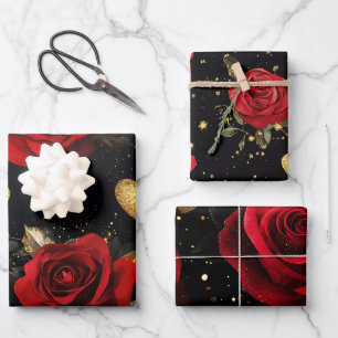 Hoja De Papel De Regalo Corazones y Rosas de Purpurina Rojos y Dorados de 