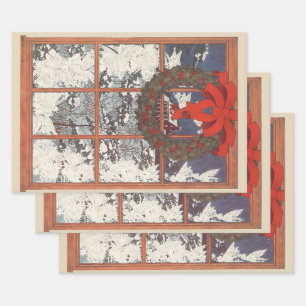 Hoja De Papel De Regalo Corona de Navidad vintage en una ventana con nieve