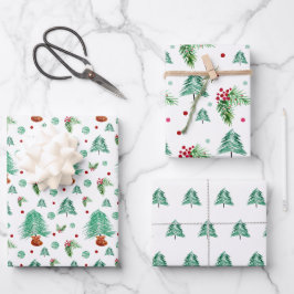Hoja De Papel De Regalo Corona de pino acuarela y bayas rojas