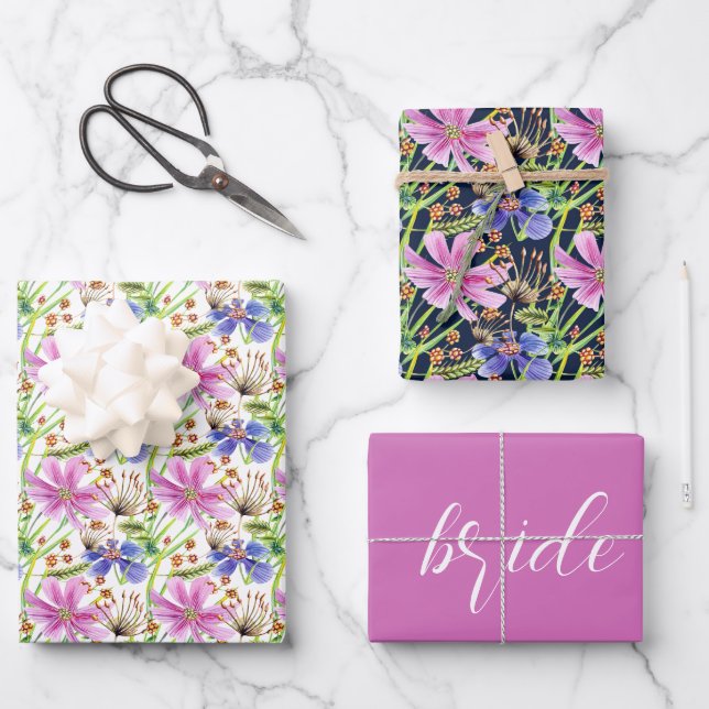 Hoja De Papel De Regalo Cosmos Rosa y Azul Boda  (Anverso)