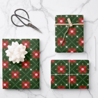 Hoja De Papel De Regalo Cottagecore Navideño de Cuadro con Cruz Floral Roj