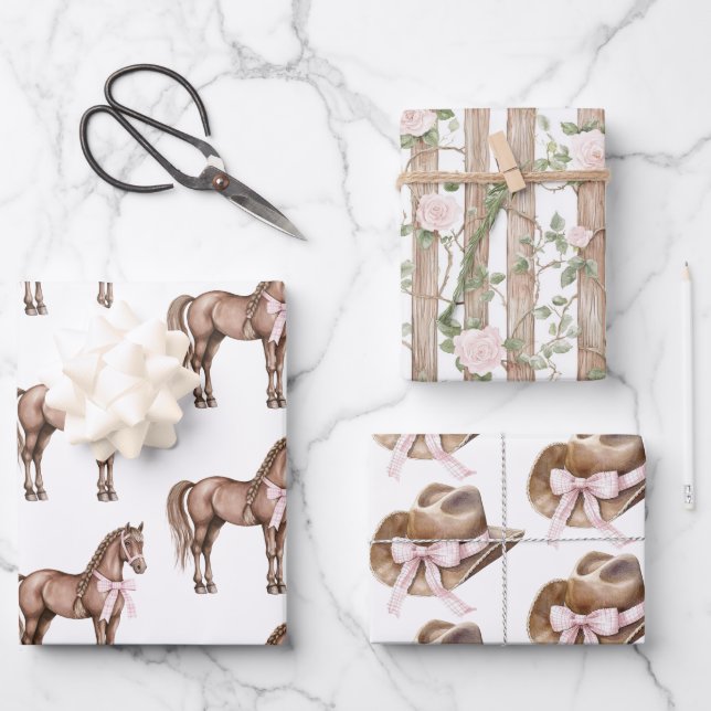 Hoja De Papel De Regalo Country Road Horse Cowgirl Gorra Cumpleaños (Anverso)