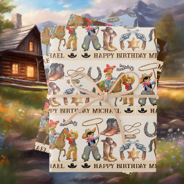 Hoja De Papel De Regalo Cowboy pequeño búfalo agrega el nombre del niño 3