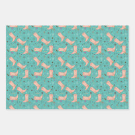 Hoja De Papel De Regalo Cowgirl Boots Blue Pink Clay 3-Sheet Set Gift Wrap
