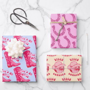 Hoja De Papel De Regalo Cowgirl Cute Disco Horseshoe Rosa Azul Beige