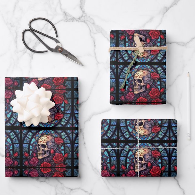 Hoja De Papel De Regalo Cráneo de Stones y Rosas (Anverso)